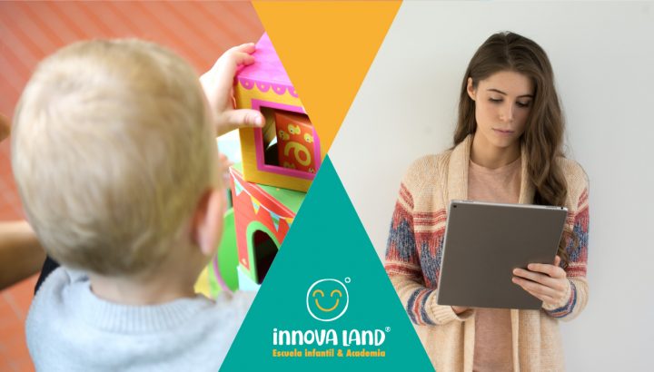 Imagen corporativa de bebe jugando y alumna estudiando en Innova Land